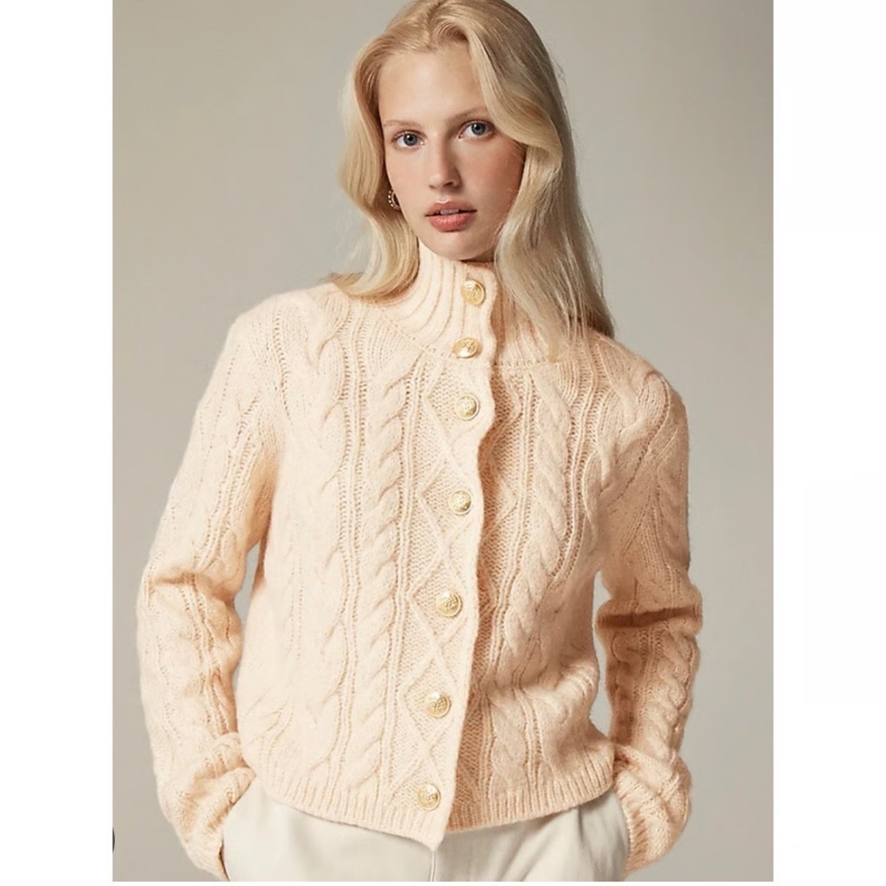 NWT J.Crew Natural Beige Cable Knit Turtleneck Cardigan size Small
